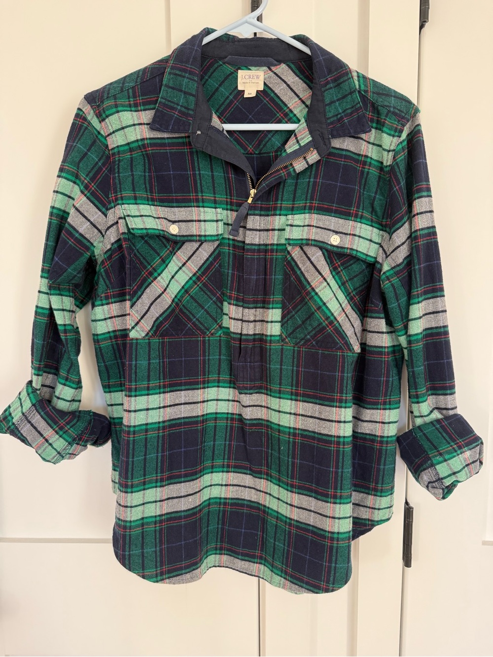 J. Crew Factory Navy & Green Plaid Zip-Front Holiday Flannel